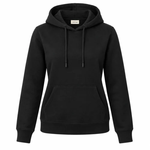 Women's Classic Fit Pullover Hoodie in black, front view, AI-generated design sample