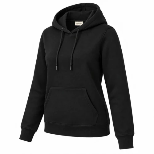 Women's Classic Fit Pullover Hoodie in black, three-quarter view, AI-generated design sample
