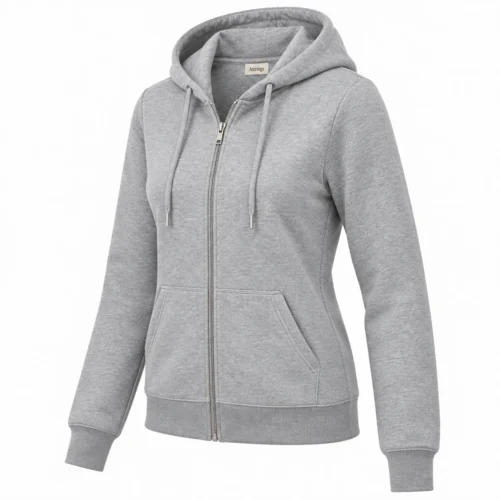 Women's Classic Fit Zip-Up Hoodie in grey, three-quarter view, AI-generated design sample