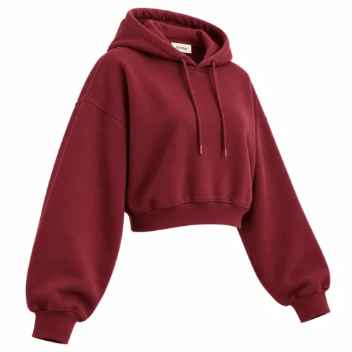 Women's Oversized Fit Cropped Hoodie in maroon, three-quarter view, AI-generated design sample