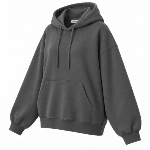 Women's Oversized Fit Drawstring Hood Hoodie in charcoal, three-quarter view, AI-generated design sample
