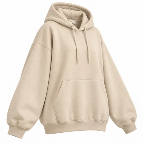 Women's Oversized Fit Fleece-Lined Hoodie in beige, three-quarter view, AI-generated design sample