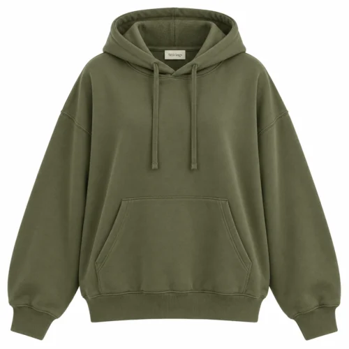 Women's Oversized Fit French Terry Hoodie in olive, front view, AI-generated design sample