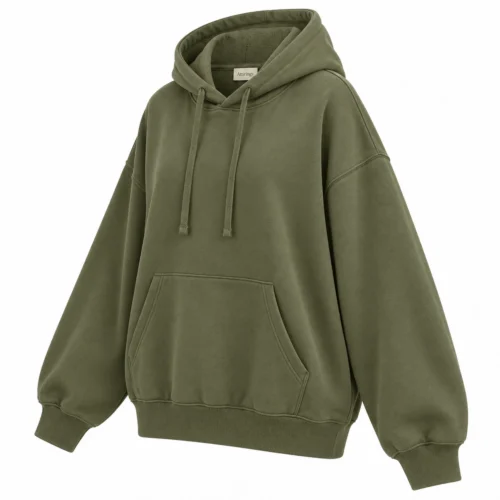 Women's Oversized Fit French Terry Hoodie in olive, three-quarter view, AI-generated design sample