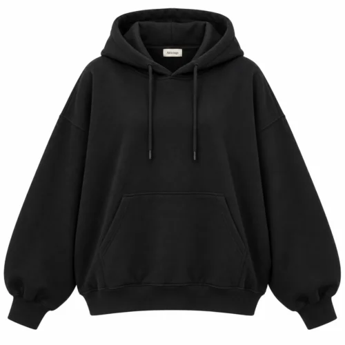 Women's Oversized Fit Pullover Hoodie in black, front view, AI-generated design sample