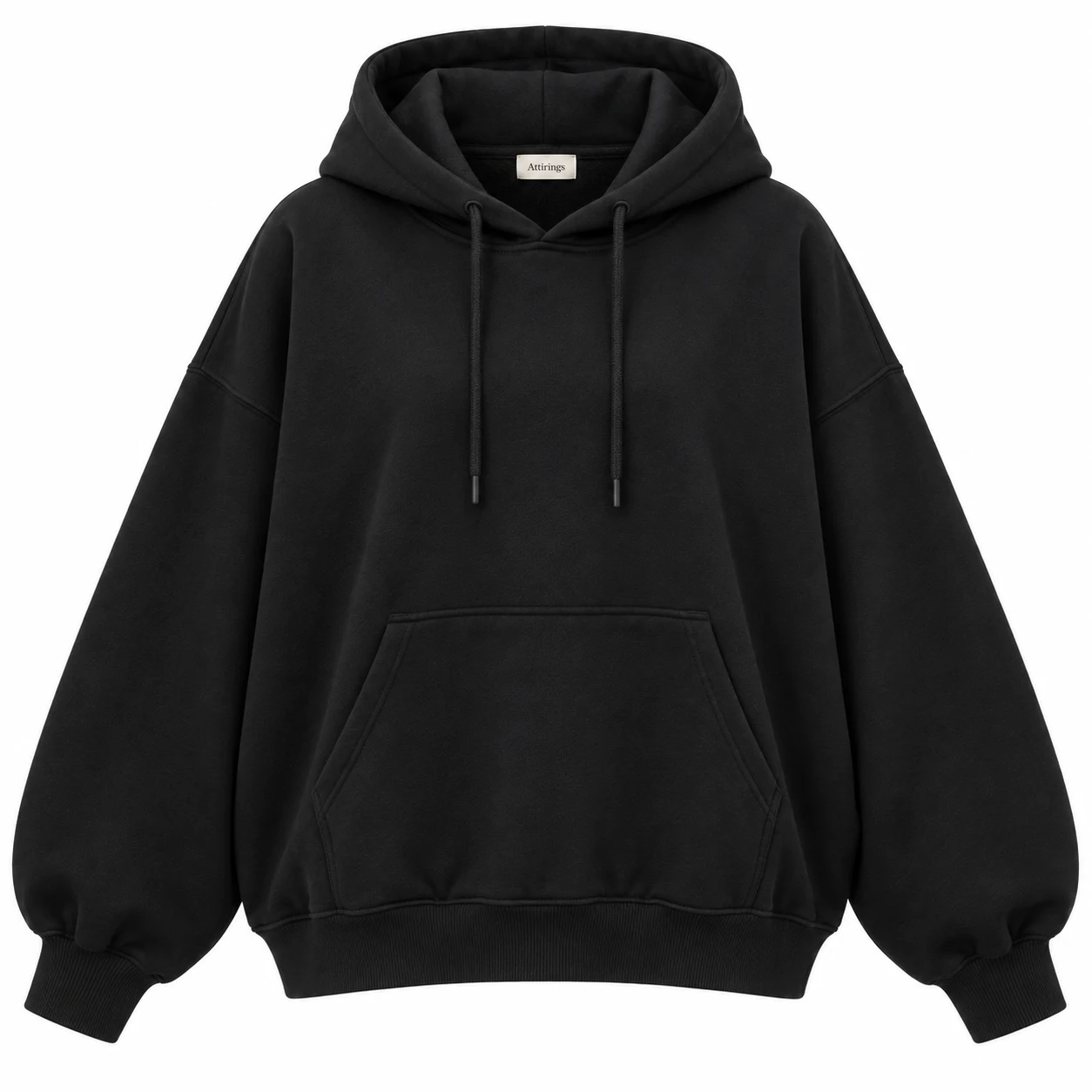 Women's Oversized Fit Pullover Hoodie in black, front view, AI-generated design sample