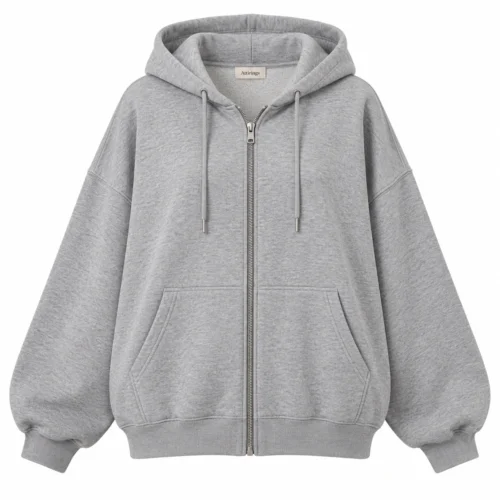 Women's Oversized Fit Zip-Up Hoodie in grey, front view, AI-generated design sample