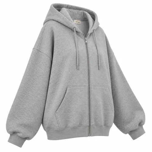 Women's Oversized Fit Zip-Up Hoodie in grey, three-quarter view, AI-generated design sample