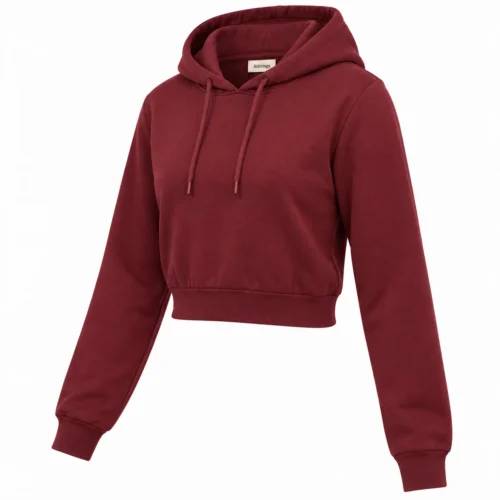 Women's Regular Fit Cropped Hoodie in maroon, three-quarter view, AI-generated design sample