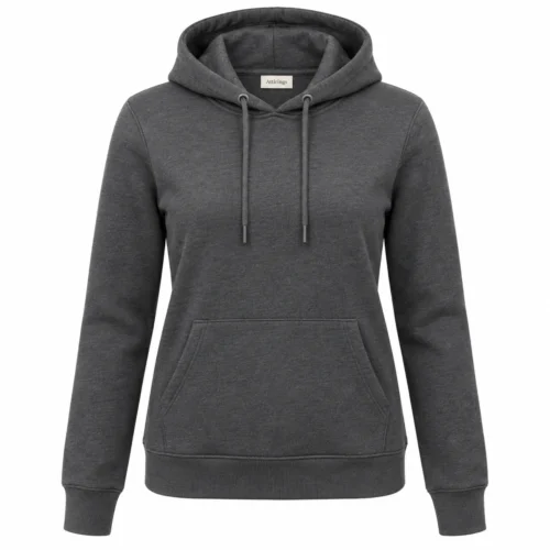 Women's Regular Fit Drawstring Hood Hoodie in charcoal, front view, AI-generated design sample