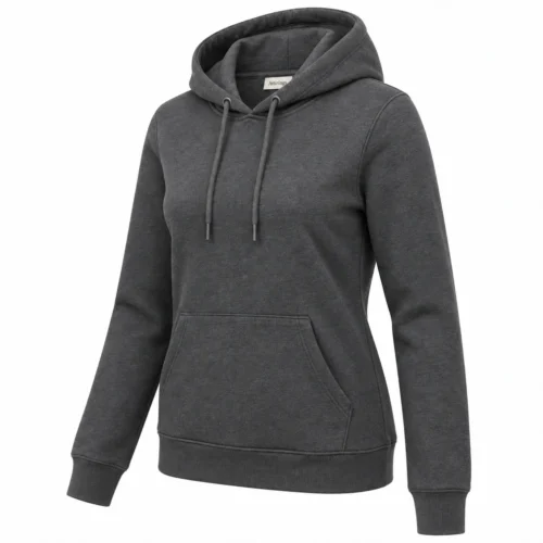 Women's Regular Fit Drawstring Hood Hoodie in charcoal, three-quarter view, AI-generated design sample