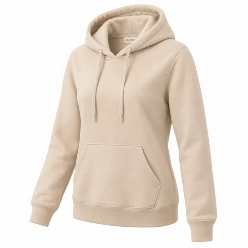 Women's Regular Fit Fleece-Lined Hoodie in beige, three-quarter view, AI-generated design sample