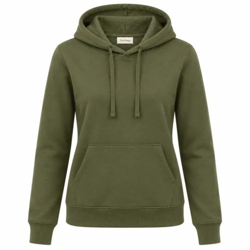 Women's Regular Fit French Terry Hoodie in olive, front view, AI-generated design sample