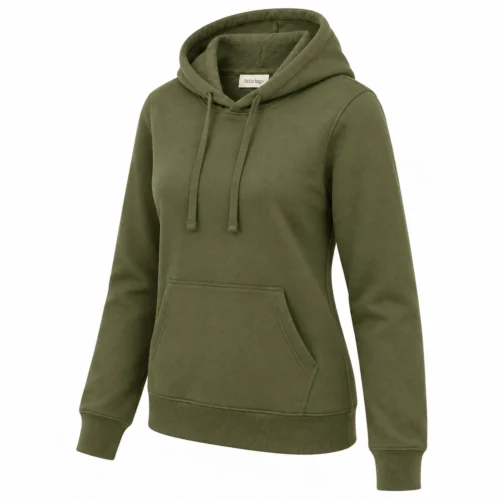 Women's Regular Fit French Terry Hoodie in olive, three-quarter view, AI-generated design sample