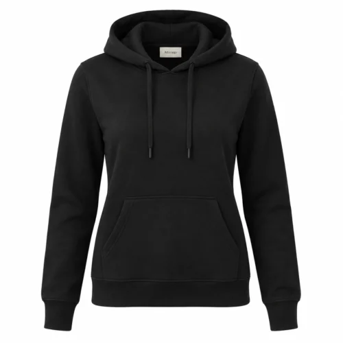 Women's Regular Fit Pullover Hoodie in black, front view, AI-generated design sample