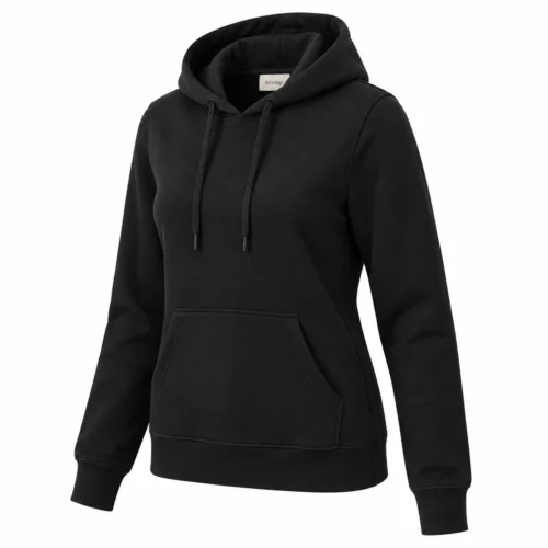 Women's Regular Fit Pullover Hoodie in black, three-quarter view, AI-generated design sample