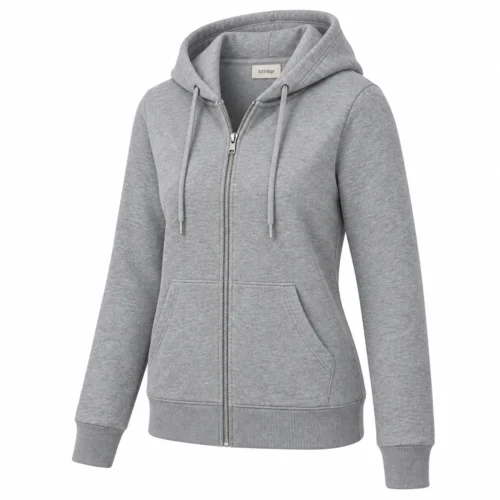 Women's Regular Fit Zip-Up Hoodie in grey, three-quarter view, AI-generated design sample