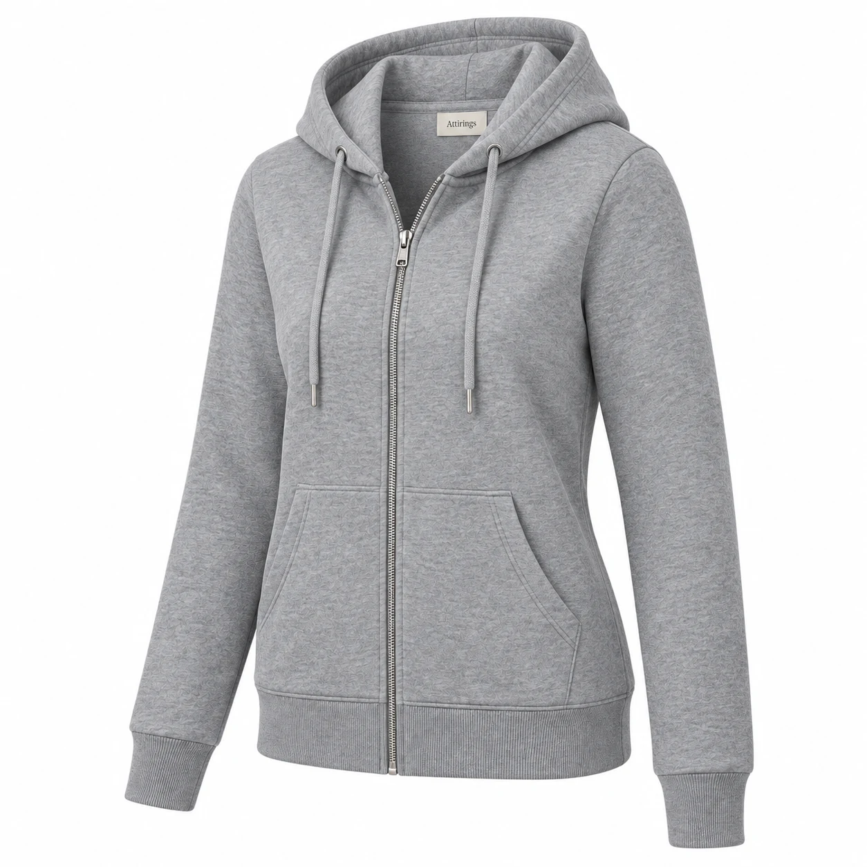 Women's Regular Fit Zip-Up Hoodie in grey, three-quarter view, AI-generated design sample