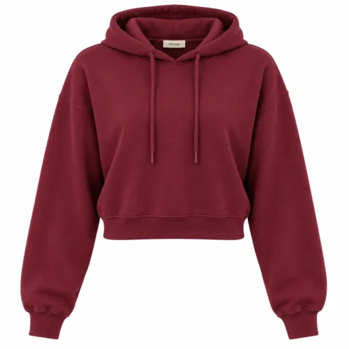 Women's Relaxed Fit Cropped Hoodie in maroon, front view, AI-generated design sample