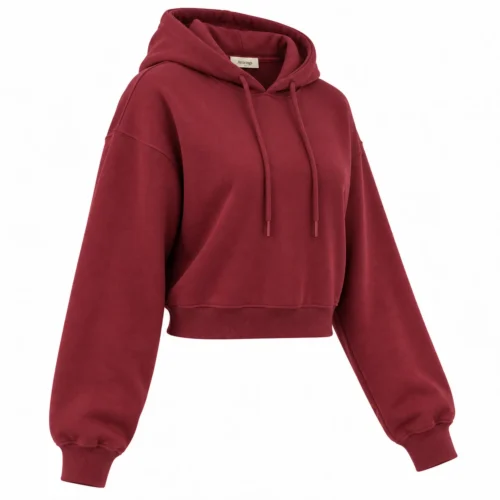 Women's Relaxed Fit Cropped Hoodie in maroon, three-quarter view, AI-generated design sample