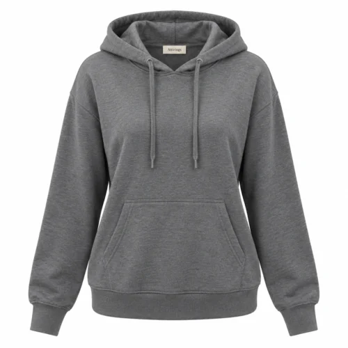 Women's Relaxed Fit Drawstring Hood Hoodie in charcoal, front view, AI-generated design sample