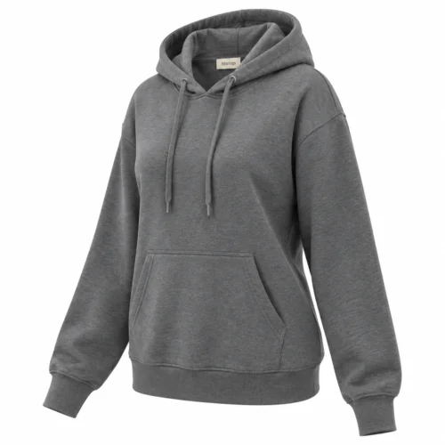 Women's Relaxed Fit Drawstring Hood Hoodie in charcoal, three-quarter view, AI-generated design sample
