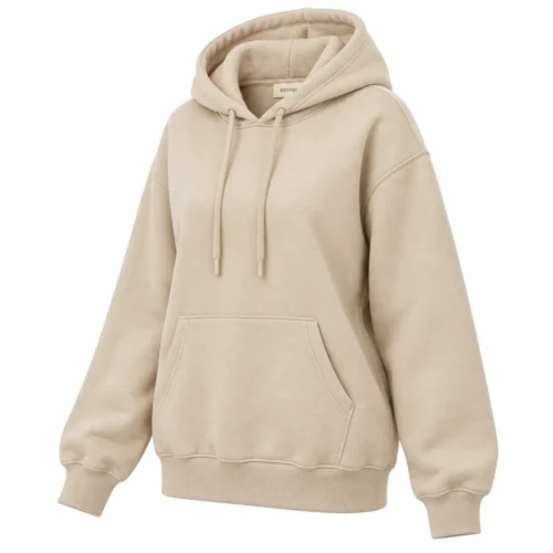 Women's Relaxed Fit Fleece-Lined Hoodie in beige, three-quarter view, AI-generated design sample