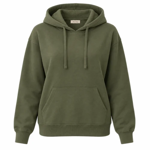 Women's Relaxed Fit French Terry Hoodie in olive, front view, AI-generated design sample