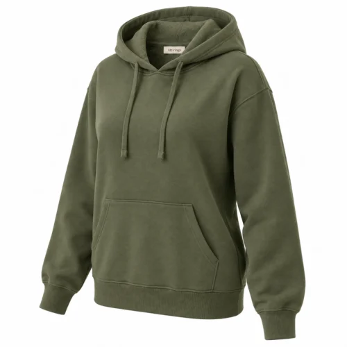 Women's Relaxed Fit French Terry Hoodie in olive, three-quarter view, AI-generated design sample