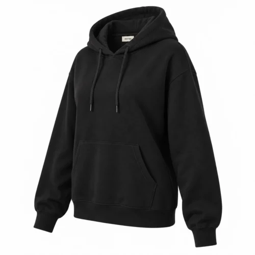 Women's Relaxed Fit Pullover Hoodie in black, three-quarter view, AI-generated design sample