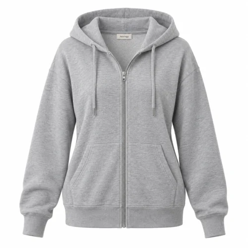 Women's Relaxed Fit Zip-Up Hoodie in grey, front view, AI-generated design sample