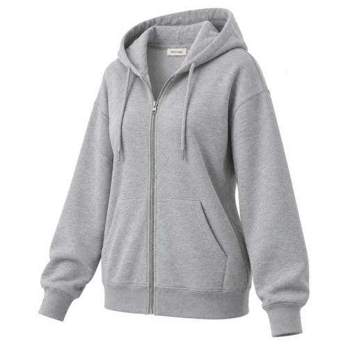 Women's Relaxed Fit Zip-Up Hoodie in grey, three-quarter view, AI-generated design sample