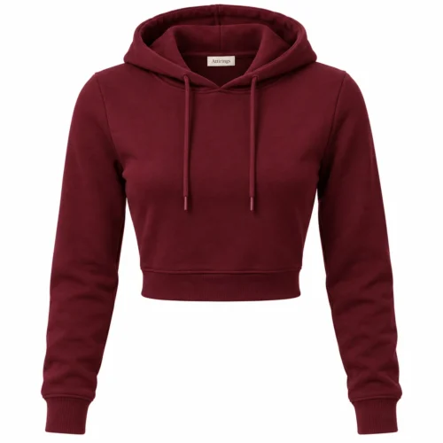 Women's maroon slim fit cropped hoodie, front view, AI-generated design sample