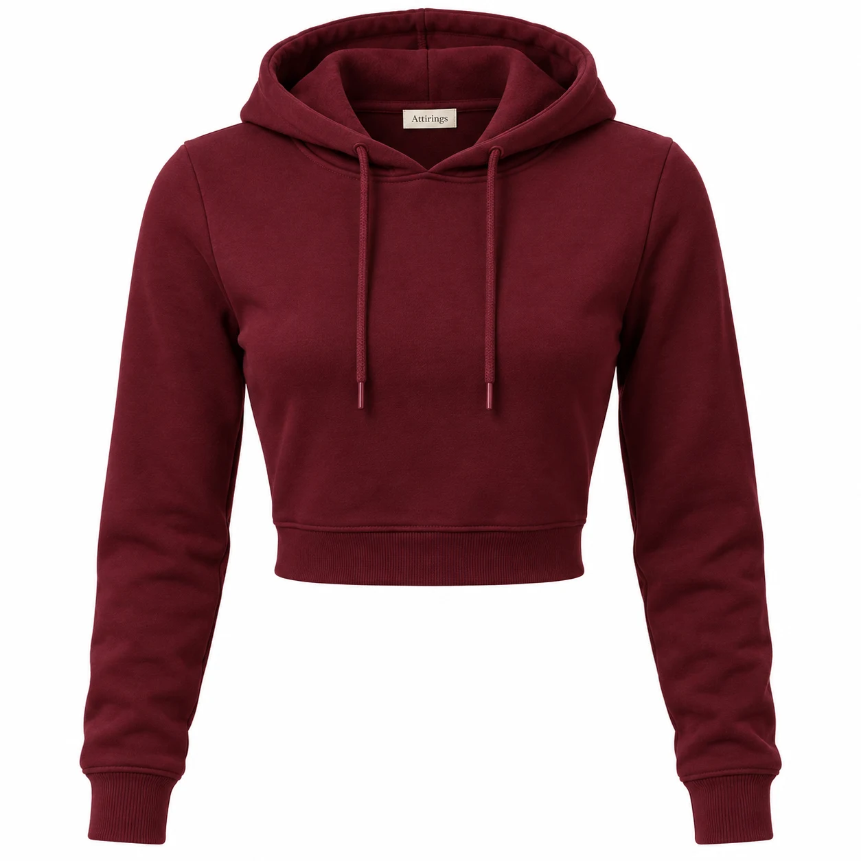 Women's maroon slim fit cropped hoodie, front view, AI-generated design sample