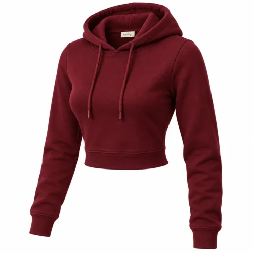 Women's maroon slim fit cropped hoodie, three-quarter view, AI-generated design sample