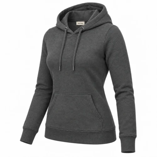 Women's Slim Fit Drawstring Hood Hoodie in charcoal, three-quarter view, AI-generated design sample
