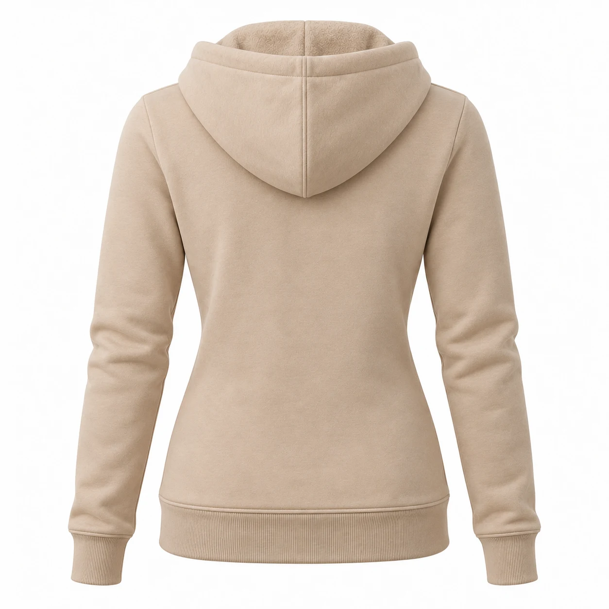 Women's beige slim fit fleece-lined hoodie, back view, AI-generated design sample