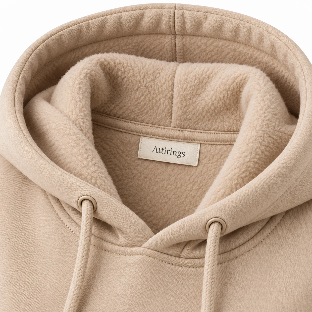Women's beige slim fit fleece-lined hoodie, detail view, AI-generated design sample