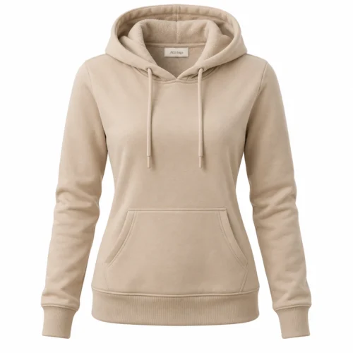 Women's beige slim fit fleece-lined hoodie, front view, AI-generated design sample