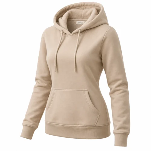 Women's beige slim fit fleece-lined hoodie, three-quarter view, AI-generated design sample