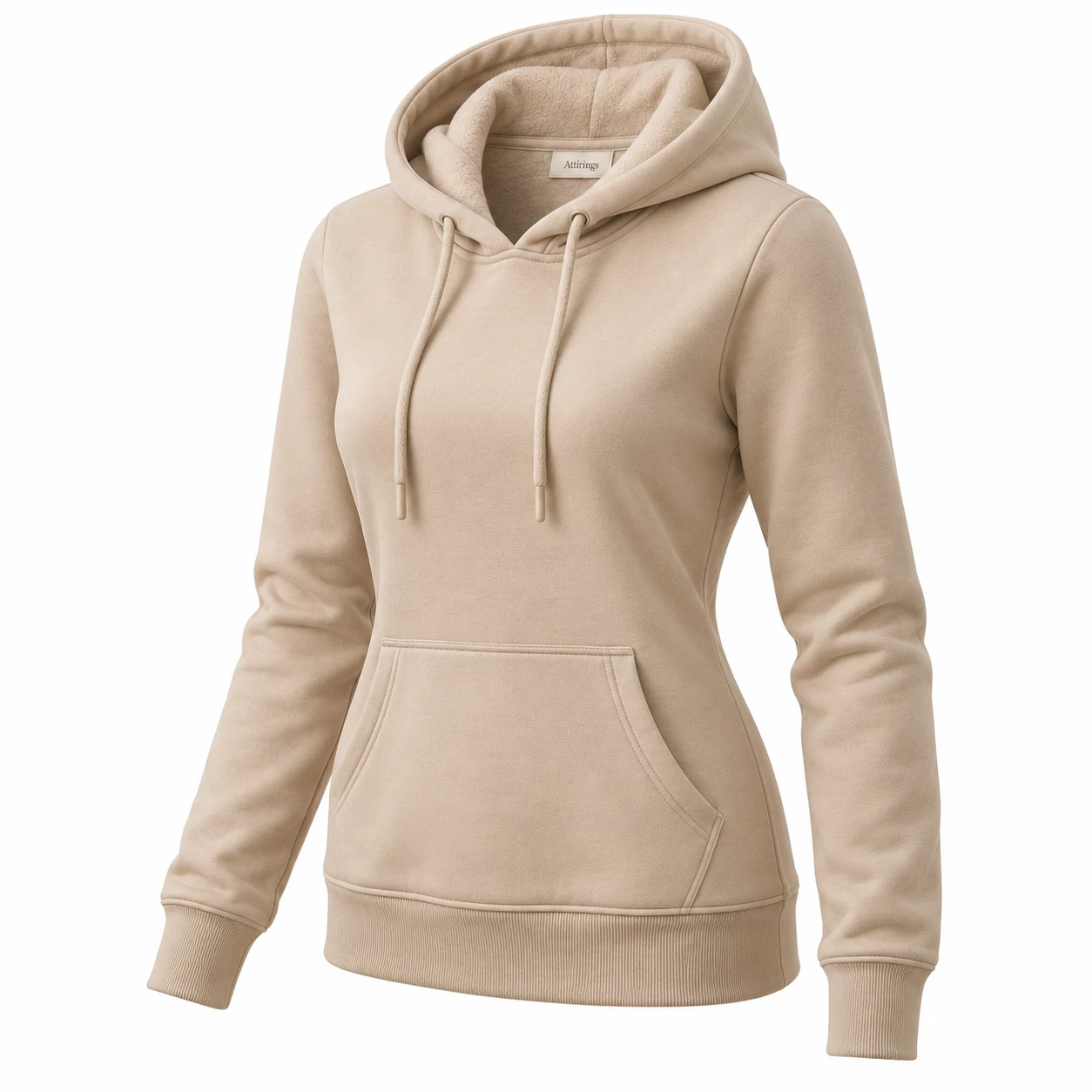 Women's beige slim fit fleece-lined hoodie, three-quarter view, AI-generated design sample