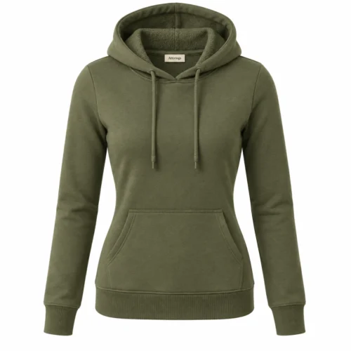 Women's Slim Fit French Terry Hoodie in olive, front view, AI-generated design sample