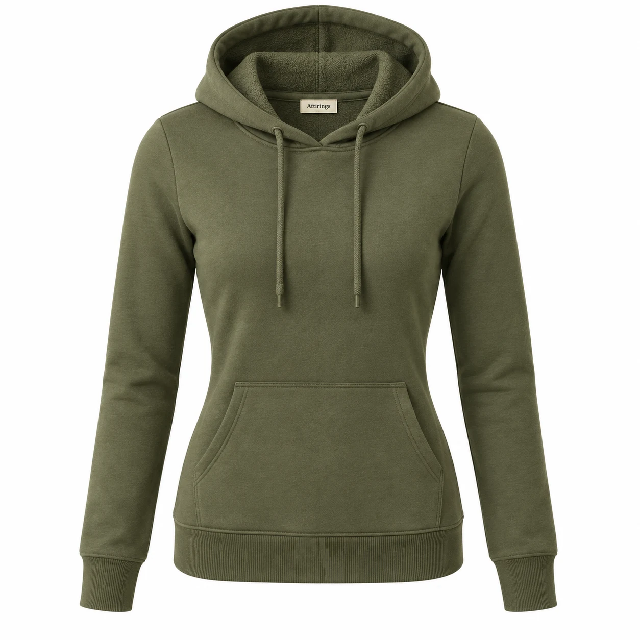 Women's Slim Fit French Terry Hoodie in olive, front view, AI-generated design sample