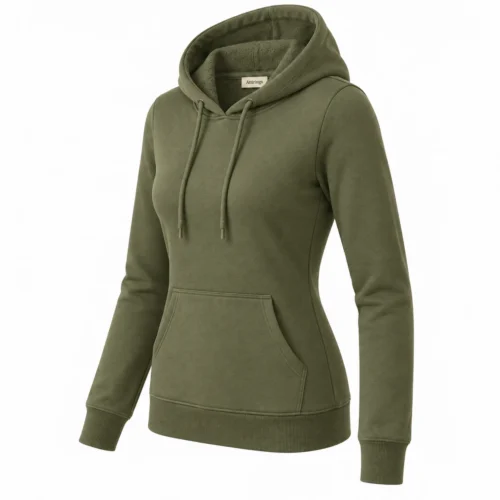 Women's Slim Fit French Terry Hoodie in olive, three-quarter view, AI-generated design sample