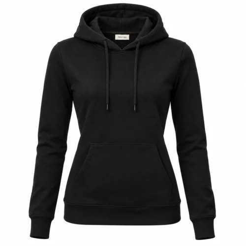 Women's black slim fit pullover hoodie, front view, AI-generated design sample