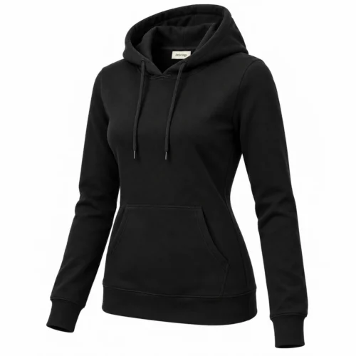 Women's black slim fit pullover hoodie, three-quarter view, AI-generated design sample