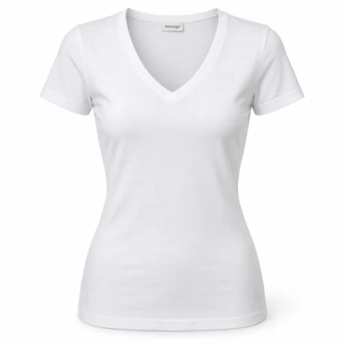Women's white slim fit V-neck T-shirt, front view, AI design sample