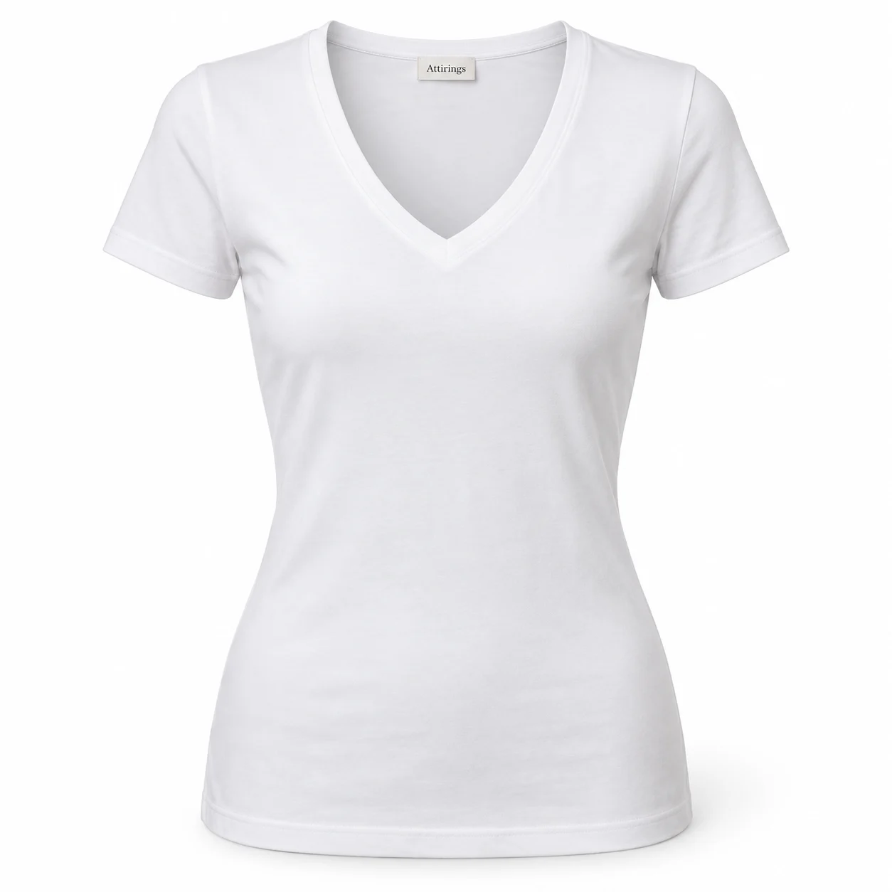Women's white slim fit V-neck T-shirt, front view, AI design sample