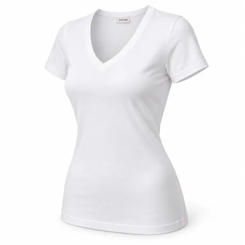 Women's white slim fit V-neck T-shirt, three-quarter view, AI design sample