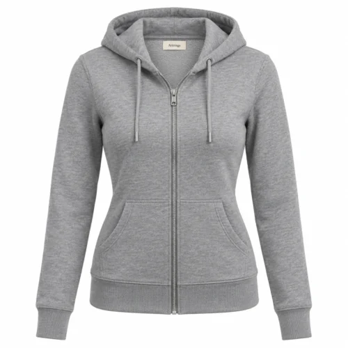 Women's grey slim fit zip-up hoodie, front view, AI-generated design sample